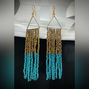 Fringe Seed Bead Earrings Gold Turquoise Blue